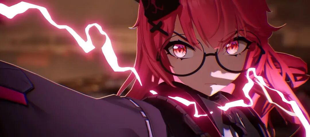 异环角色截图：一位粉红色长发、戴黑框眼镜的女性角色，周围环绕着白色闪电特效