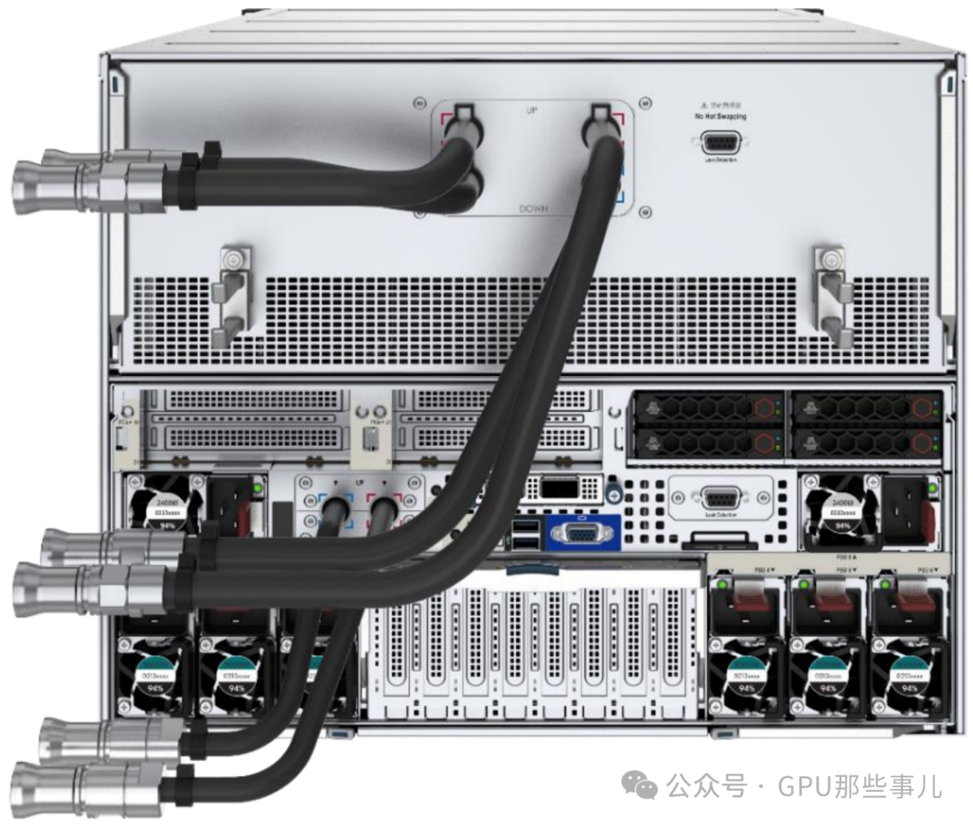 GPU服务器液冷后视图，展示粗电缆连接、电源模块及No Hot Swapping标识