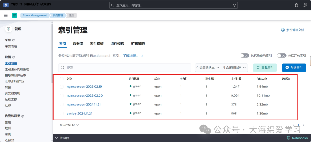 Kibana 索引管理界面显示 nginxaccess-* 索引
