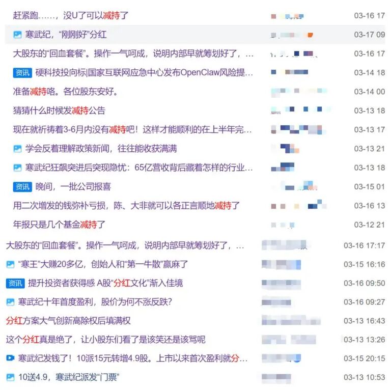 投资者关于寒武纪分红与减持的论坛讨论截图