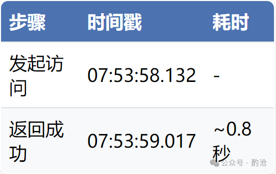 数据表格：访问时间戳显示发起访问与返回成功仅差0.8秒