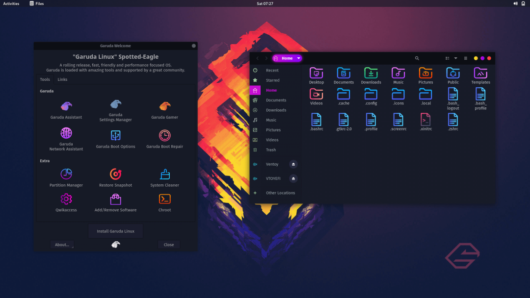Garuda Linux Spotted-Eagle 欢迎界面与文件管理器窗口