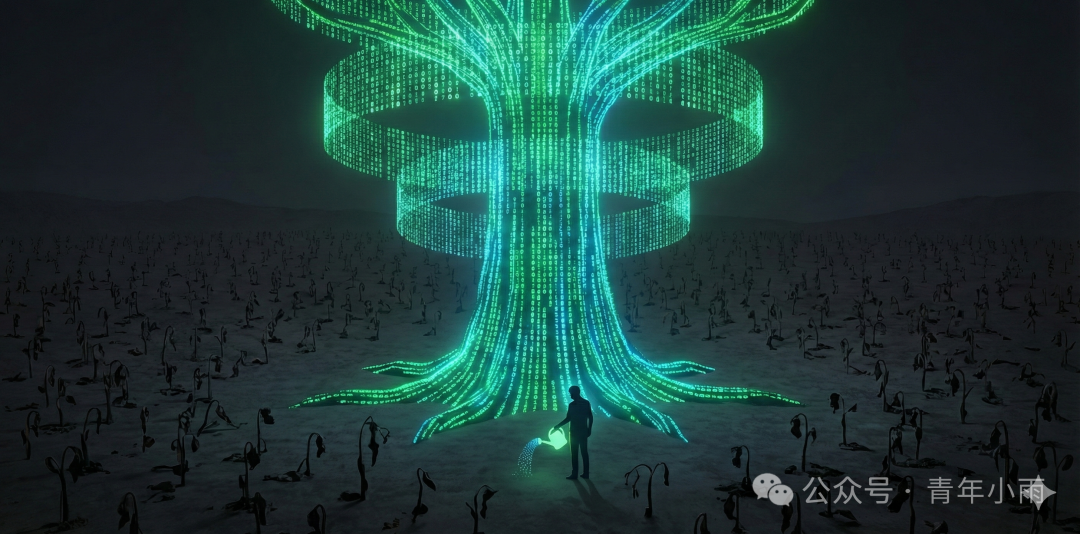 一棵由绿色二进制代码构成的发光树，象征着技术与生长的结合