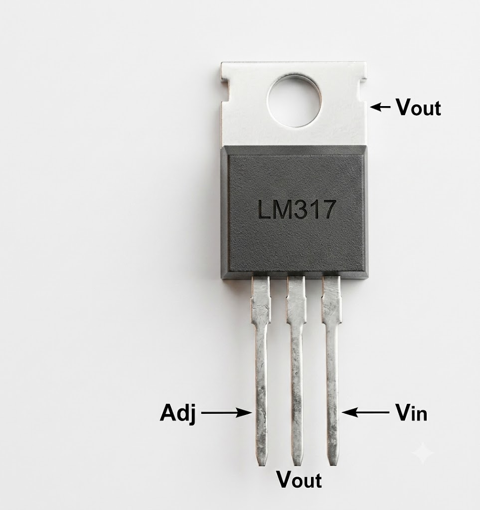 LM317三端稳压集成电路实物引脚说明:Adj、Vout、Vin