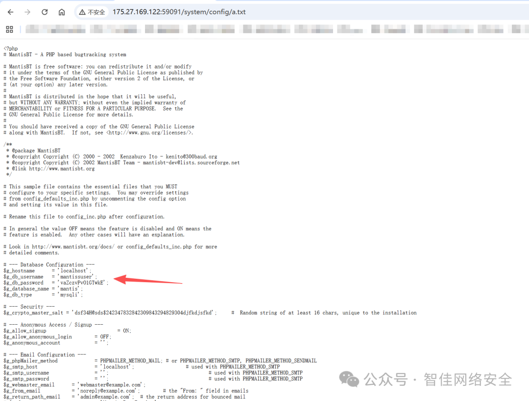 MantisBT config_inc.php 截图：红色箭头指向 $g_db_password 行