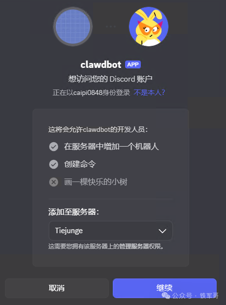Discord应用授权界面，选择服务器