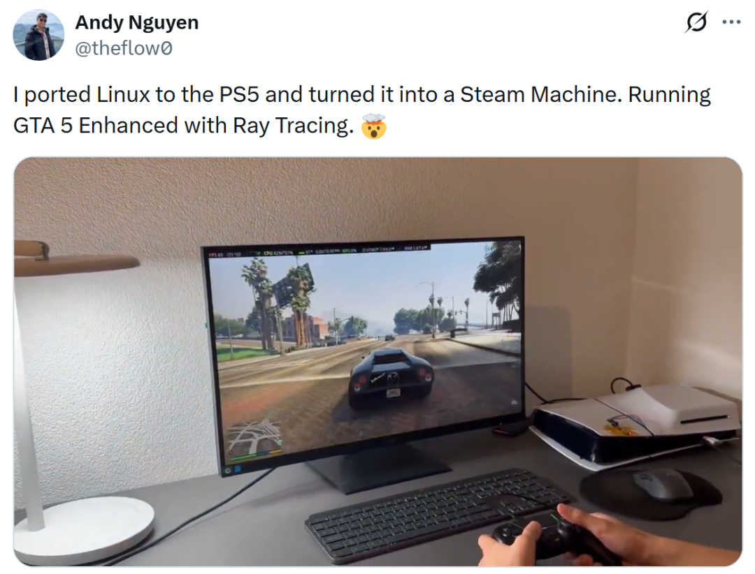 Andy Nguyen 推文截图:PS5 运行 Ubuntu Linux 玩 GTA5 增强版,帧率 60