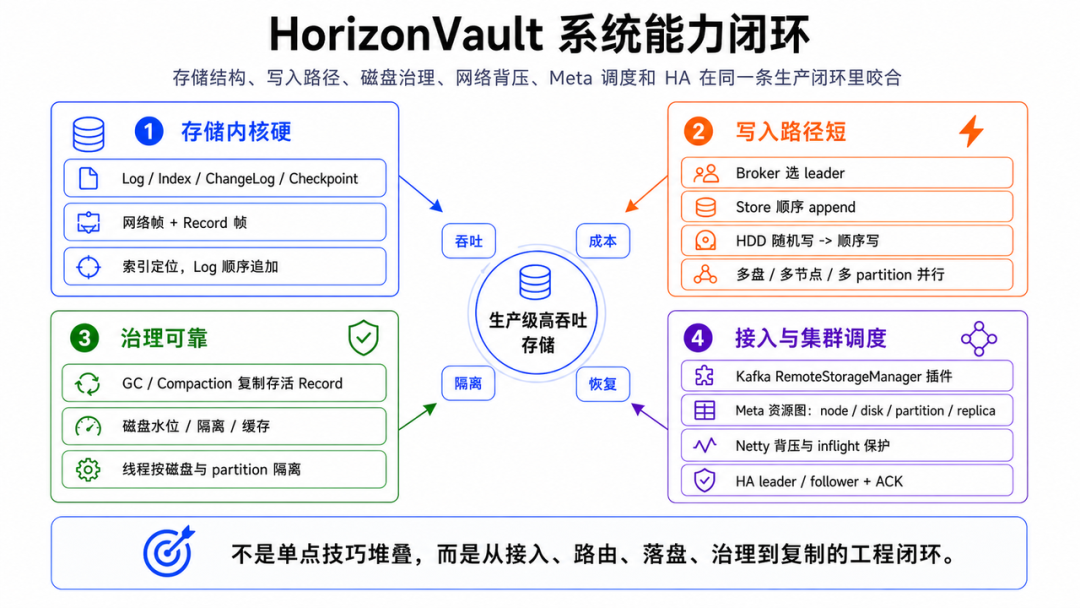 HorizonVault 系统能力闭环，存储结构、写入路径、磁盘治理、网络背压、Meta调度和HA在同一条生产闭环里咬合