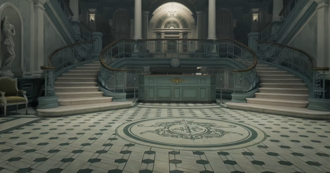 疗养院内部场景，对称的螺旋楼梯与大厅