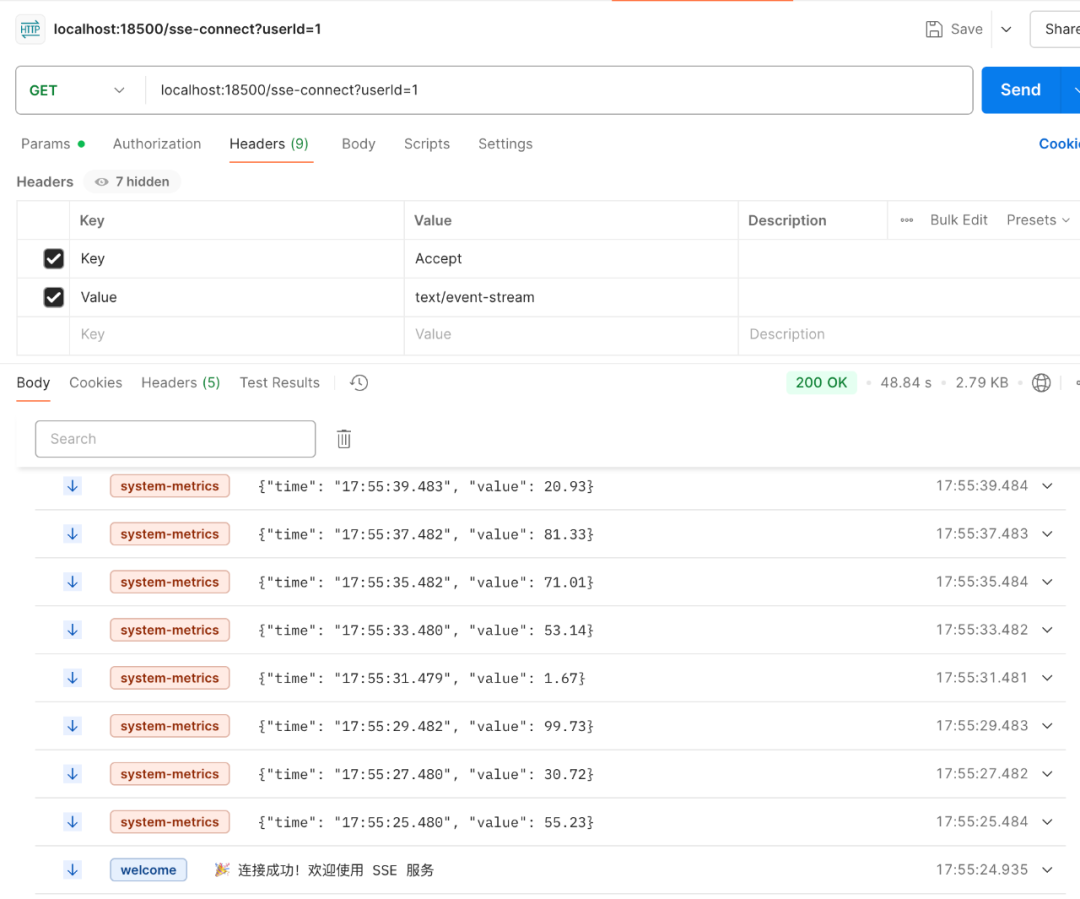 SSE请求响应截图:展示浏览器通过GET请求连接SSE端点并持续接收JSON格式的系统指标数据