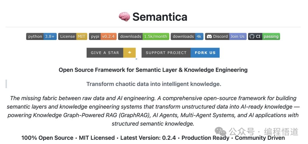 Semantica开源框架网页截图,展示项目简介、技术标签与核心功能