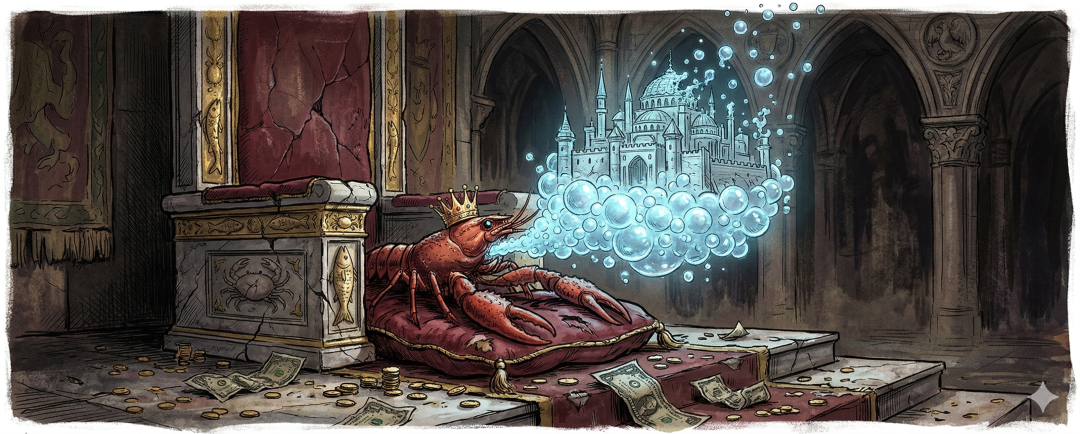 OpenClaw龙虾坐王座喷泡沫城堡插画