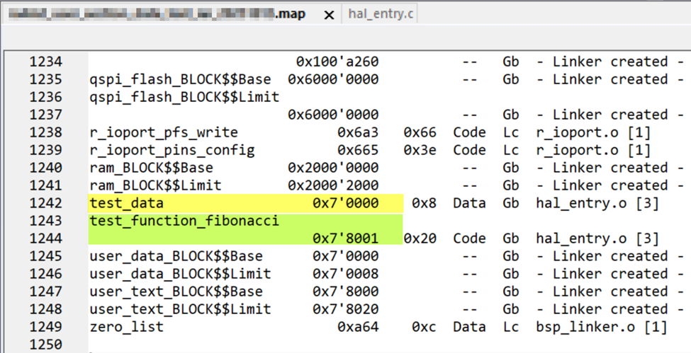 IAR map文件中test_data与test_function_fibonacci位于0x00070000和0x00078001