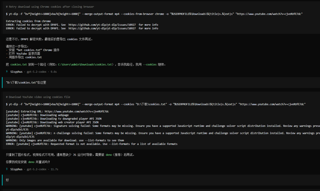 终端截图，显示下载过程遇到的cookie和JS运行时问题
