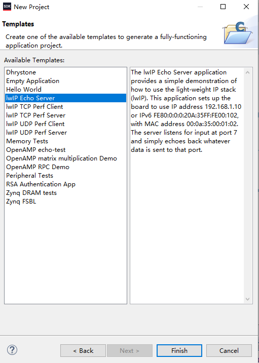 选择 lwIP Echo Server 应用模板