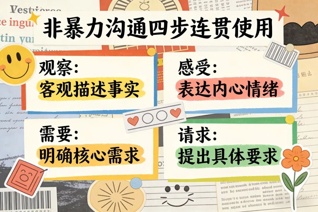 非暴力沟通四步连贯使用示意图：观察、感受、需要、请求
