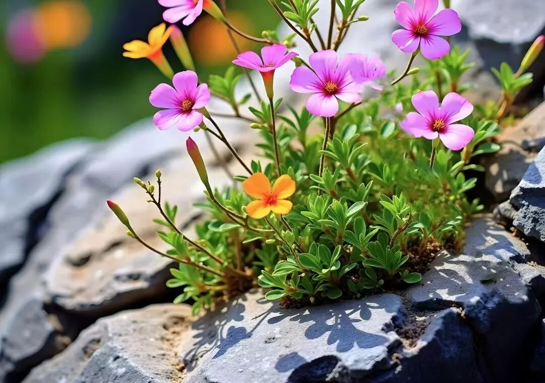 一簇生长在岩石缝隙中的小花，象征在限制中寻找出路