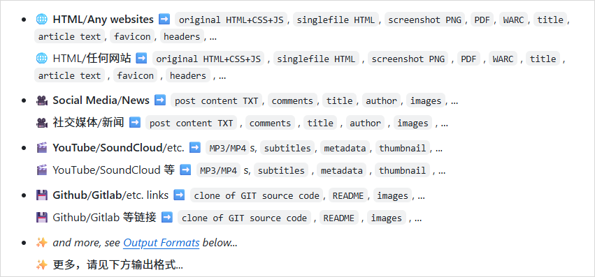 ArchiveBox支持的输出格式列表
