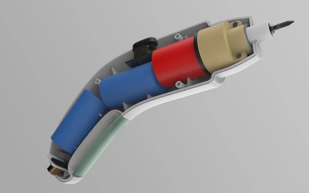 一张电动螺丝刀的剖面图，展示了其内部结构