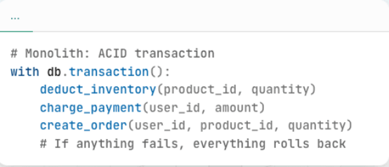 单体架构下 ACID 事务示例代码：在一个事务中执行扣库存、扣款、创建订单三个操作