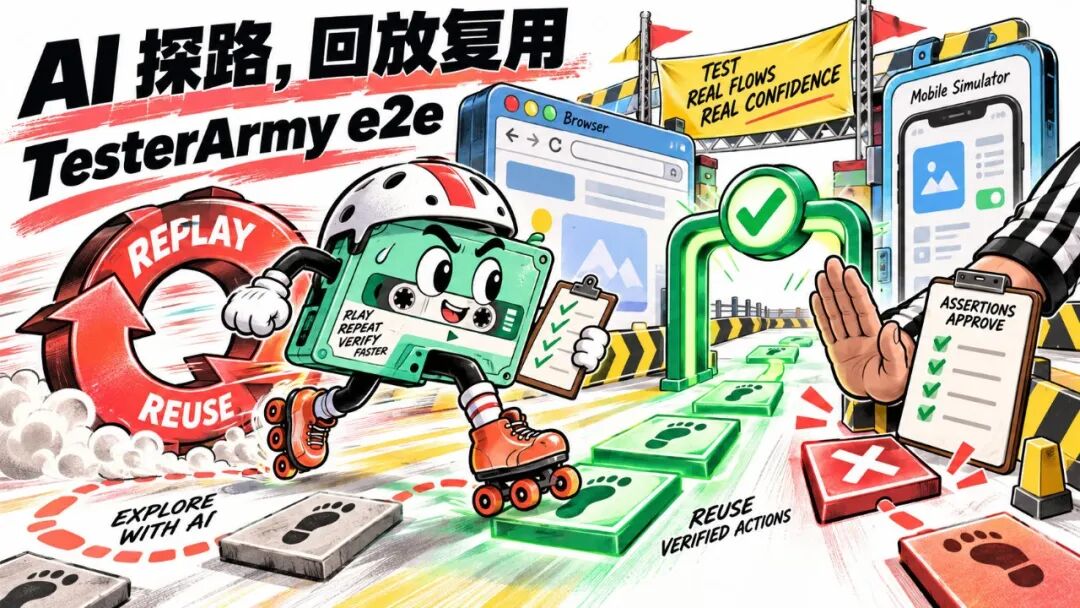 TesterArmy e2e AI 测试框架宣传图 - AI 探路回放复用