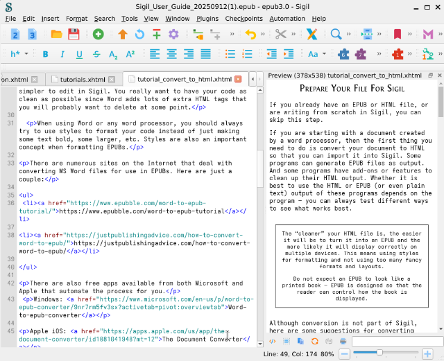 Sigil软件界面截图，显示代码与预览双窗口