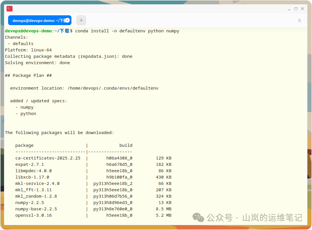 在指定环境中安装Python和NumPy