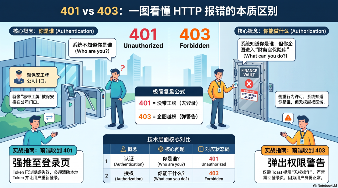 401 vs 403 HTTP状态码区别对比信息图