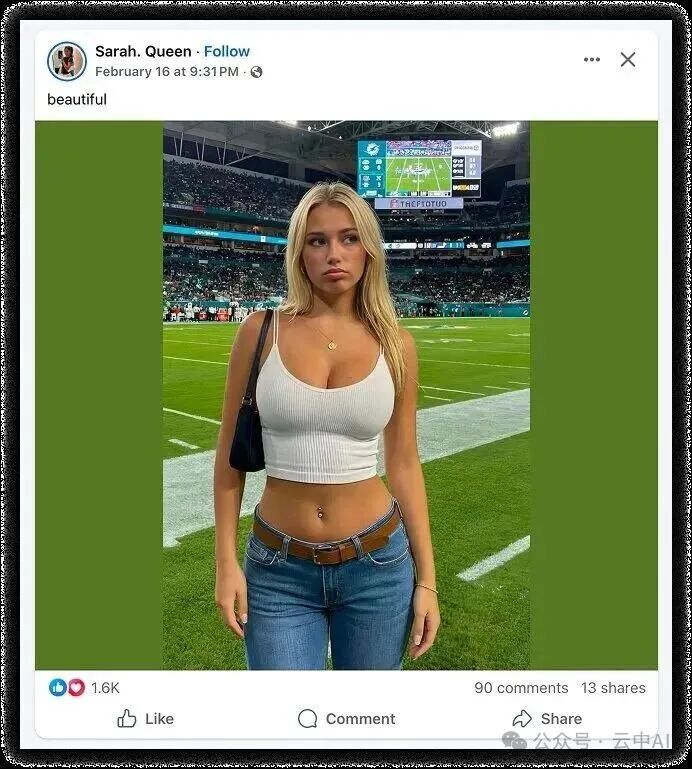 疑似AI生成的金发女性球场照,背景有瑕疵