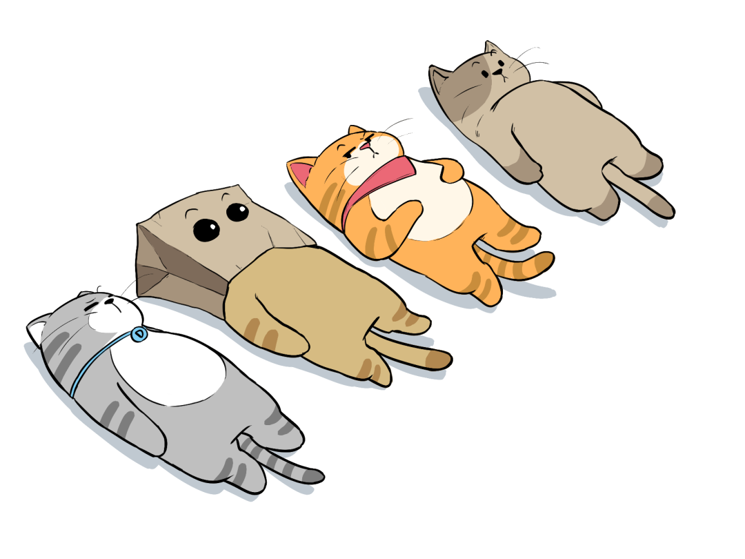 四只卡通猫慵懒躺卧