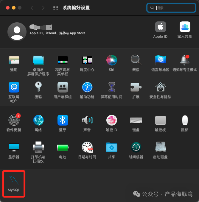 系统偏好设置中的 MySQL 图标
