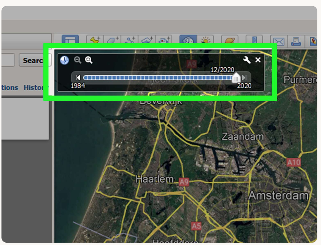 Google Earth Pro时间轴滑块界面,展示从1984年至2020年的影像变化
