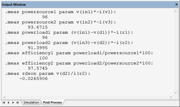 QSPICE输出窗口，显示各测量参数的计算结果