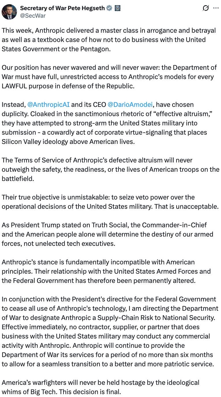 美国国防部长 Pete Hegseth 发布的 X 推文截图
