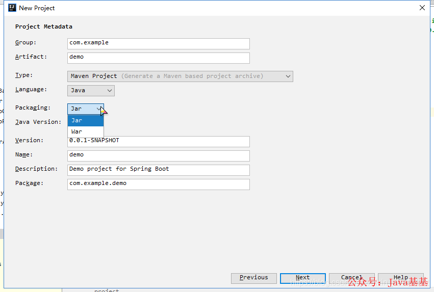 Spring Initializr创建项目，Packaging选择Jar