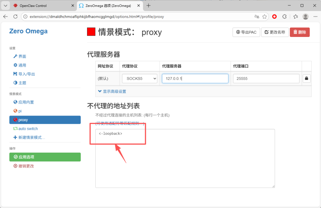 配置代理插件不代理地址列表以允许回环地址通过代理