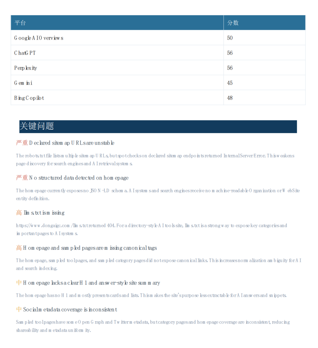 GEO审计发现的关键问题列表截图