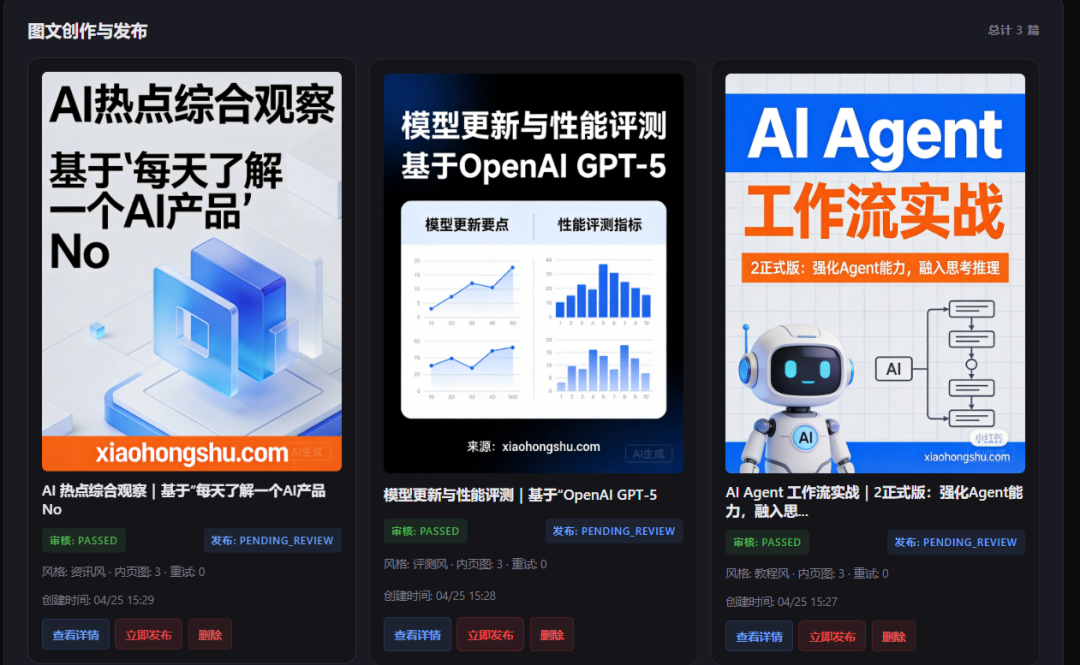图文创作与发布页面：3 篇不同风格的图文稿件，含 AI 热点综合观察、模型更新与性能评测、AI Agent 工作流实战