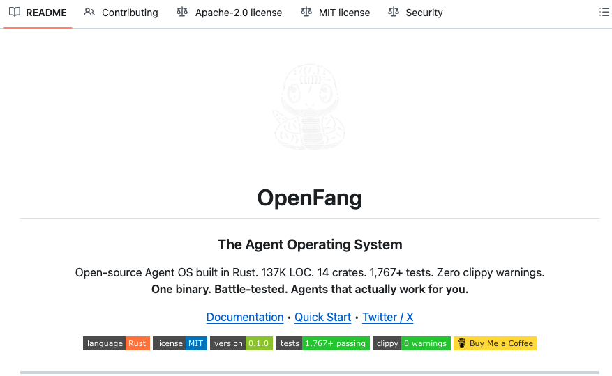OpenFang 项目 GitHub README 页面截图