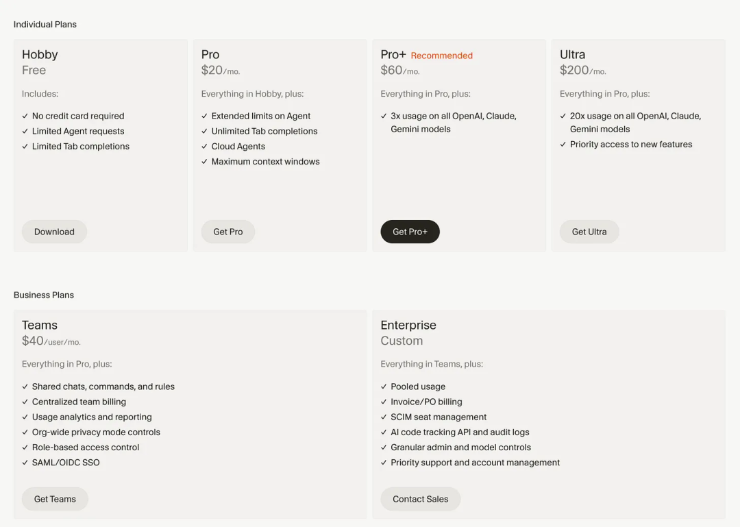 Cursor额度池定价页面