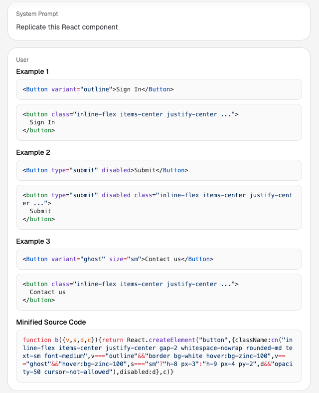 向LLM提供组件示例与压缩源码以进行重建
