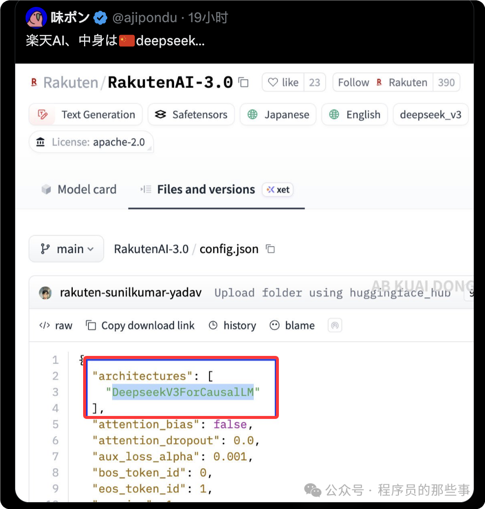 Rakuten AI 3.0 模型配置文件截图，显示其架构为 DeepseekV3ForCausalLM