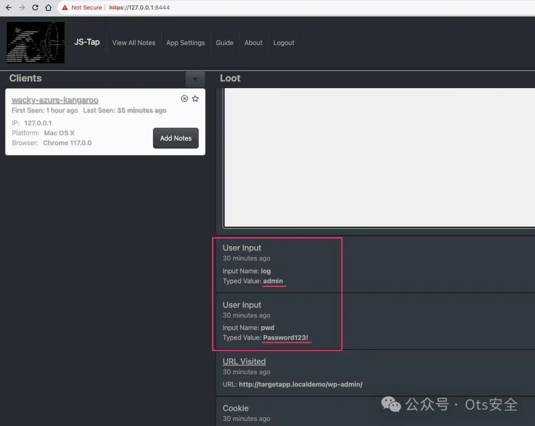 JS-Tap事件流中用红框标出的用户输入记录,清晰地显示了输入框名称和键入的值,即用户名和密码。