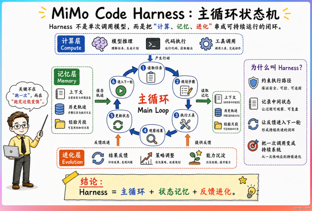 MiMo Code 核心主循环状态机及计算层、记忆层、进化层架构图