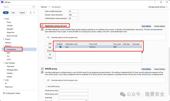 Burp Suite 上游代理服务器设置界面