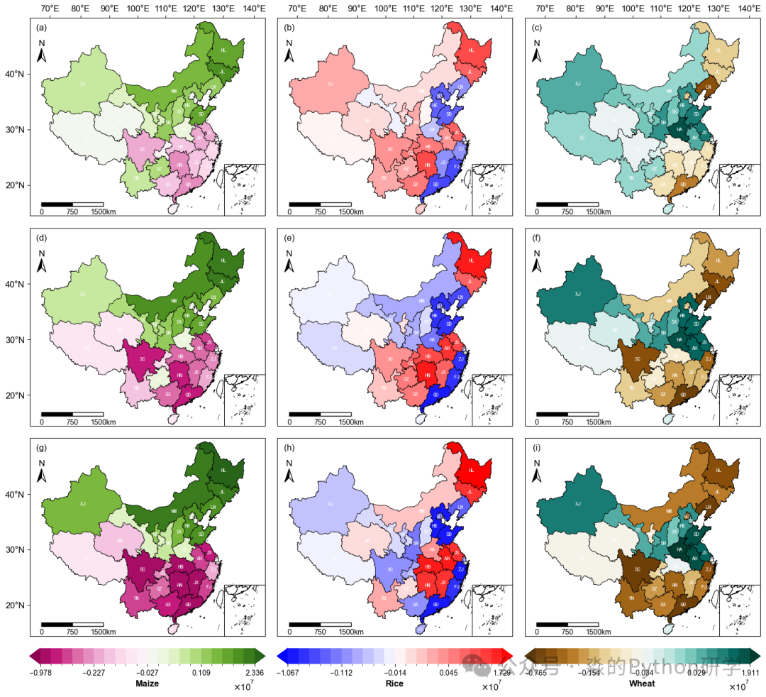 玉米、水稻、小麦产量空间分布地图(离散配色)
