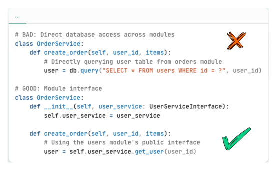 代码示例对比：错误做法（直接跨模块查询数据库）与正确做法（通过模块接口访问）