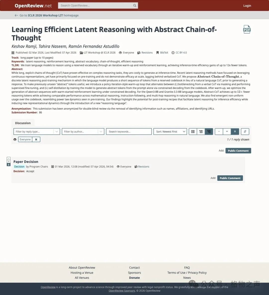 OpenReview 论文详情页截图，论文已被 ICLR 2026 LIT Workshop 接收，显示作者、摘要和决策信息